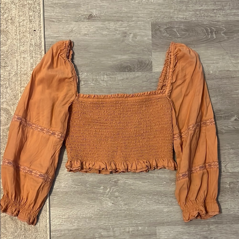 Aritzia Orange Smocked Crop Blouse
